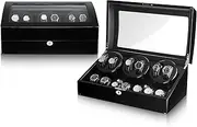 LIAN Automatic 6 Watch Winder+7 Storage with LED Light Japanese Mabuchi Quiet Motor Wooden Shell Piano Paint Soft Flexible Watch Pillows 4 Rotating Modes for Men Women Watches Black Baking Paint+Black