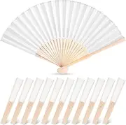 JOHOUSE 12 Packs Fabric Folding Hand Fans, 8.3 Inch White Fabric Folding Fans Handheld Chinese and Japanese Style Crafts for Wedding, Dancing, Party Favors DIY Decoration