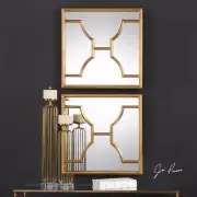 TWO NEW LARGE 24" ANTIQUED GOLD LEAF METAL MODERN FRAMES WALL ART MIRRORS