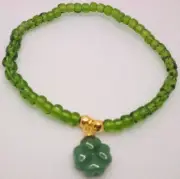 Green Glass Gold Tone Bead Stretch Bracelet 4 Leaf Clover Charm Luck Lucky