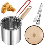 DNAMYJME Deep Fryer Pot Set 304 Stainless Steel Deep Fryer Pan with Strainer Basket Food Clip Lid 3L Chip Fryer Pan Non Slip Handled Small Deep Fryer Mini Oil Fryer Pot for Frying Fish Shrimp Chicken