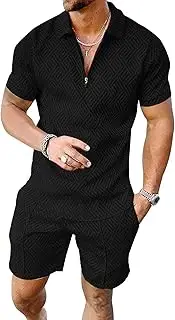 [Maiyifu-GJ] Men's Short Sleeve Polo Shirt 2 Piece Short Set 1/4 Zip Polo Shirts and Shorts Sets Summer Fashion Casual Outfits, Black, X-Large