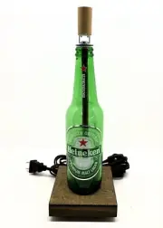 Heineken Beer Bottle TABLE LAMP with Wood Base, Desk Accent Light Decor