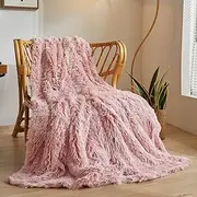 XeGe Plush Faux Fur Throw, Comfy Fuzzy Blanket Single, Luxury Boho Lightweight Couch Throw, Soft Fluffy Shaggy Lap Blanket for Couch Bed Sofa Christmas Housewarming Gift Ombre Pink