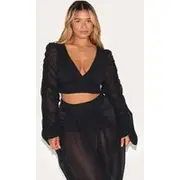 Shape Black Chiffon Balloon Sleeve Plunge Front Cinched Waist Blouse, Black