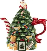 [Spode] Christmas Tree Figural Teapot - Festive 27 oz Christmas Teapot with Mistletoe Accents, Peppermint Stripe Spout, and Ribbon Handle - Decorative Dolomite Tea Pot for Holiday Tea Parties