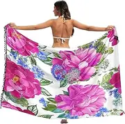[RPLIFE] Purple Pink Floral White Sarong Wrap Dress, Fringe Sarong Wrap for Summer Beach/Pool, Large, Purple Pink Floral White, Medium