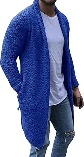 [Runcati] Mens Cardigan Sweater Shawl Collar Chunky Warm Open Front Long Sleeve Knit Slim Fit Sweaters with Pockets, Blue, Large