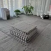 12 PCS Thickened Plush Interlocking Floor Mat Fluffy Square Tiles with 16 Edgings Soft Anti-Slip Puzzle Area Rug for Room (Grey)