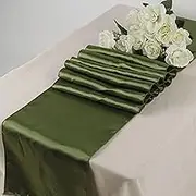 BEEKAY 10 Pc 12 x 108 inch Long Charmeuse Satin Table Runners Bright Shiny Satin Silk and Smooth Fabric Runners for Table Decorations - Olive Green