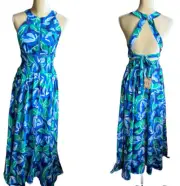 Abel the Label Anthropologie Rumi Maxi Dress NWT Blue Green Sexy Back sz S