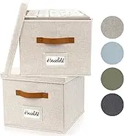 ZICOTO Decorative File Organizer Box Set of 2 - Collapsible Linen Filing Cabinets w/Handles Are Perfect to Store all Your Documents & Hanging File Folders - Portable Easy Slide File Crates with Lid
