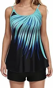 Women's Two Piece Swim Dress Plus Size Tummy Control Floral Printed Swimwear Swimsuits with Boyshorts