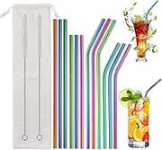 12-Pack Rainbow Metal Straws Reusable with Case - Stainless Steel Drinking Straws for 30oz and 20oz Tumblers Yeti Dishwasher Safe, 2 Brushes Included