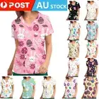 Women Easter Bunny Print Nursing Uniform Scrub Short Sleeve T-Shirt Tops Shirts