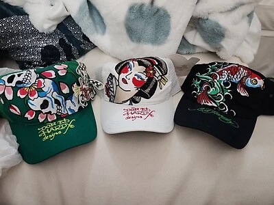 Lot Of 3 Ed Hardy Special Edition Trucker Snap Back Hats Skull Geisha Koi Y2k