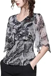 [Generic] Women Lightweight Ruffles Printed Chiffon Blouse Summer V-Neck Half Sleeve Tops