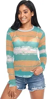 [RPLIFE] Rustic Brush Stripes Teal Net Tops for Women, Sheer Mesh Tops for Women S-XXL