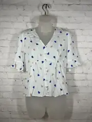 Nordstrom MELLODAY White Floral Print V-Neck Rayon Blouse Top Women's Size Large