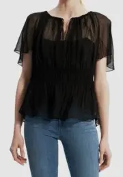 $296 Theory Women's Black Silk Flutter Sleeve Blouse Top Petite Size P