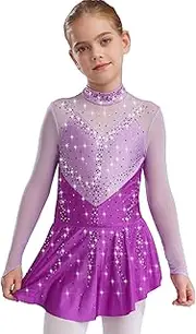[Jugaoge] Kids Girls Figure Skating Gymnastics Dance Dress Competition Performance Long Sleeve Color Block Mesh Patchwork Leotard