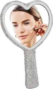 MUSISALY Travel Makeup Mirror Heart Shaped Single Sided Handheld Mirror Bling Rhinestone Decor Mirror Hand Mirror Handle Compact and Portable for Cosmetics