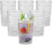 ZMOWIPDL Vintage Glassware Drinking Glasses Set of 6,13 oz Clear Textured Flower Design Glass Water Tumblers，Embossed Striped Drinkware for Water,Cocktails,Juice,Iced Coffee