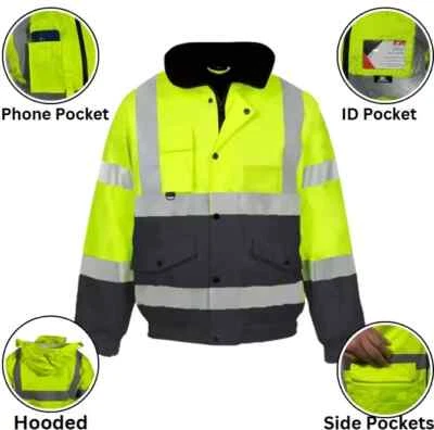 Hi Vis Viz High Visibility Bomber Jacket Waterproof Safety Work Security Coat