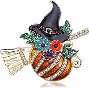 [Meimimix] Rhinestone Pumpkin Witch Hat Brooch Pin for Women Men Enamel Crystal Flower Leaf Broom Halloween Brooches Dainty Dress Accessories Holiday Festival Jewelry Gift, enamel, crystal