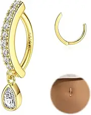 [FIBO STEEL] 14K Gold Plated Belly Button Rings for Women Clicker Dangle Belly Rings CZ Pearl Star Shells Barbell Navel Rings 316L Surgical Steel Belly Piercing Jewelry 14G