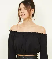 NEW LOOK BLACK BUTTON FRONT CROPPED CROP BARDOT OFF THE SHOULDER TOP UK 6