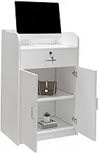 White Wooden Podium Stand with Storage Shelves and Drawer 37.4 Inch Floor Standing Lectern for Teachers Speakers and Presenters Ideal for Church Office School.
