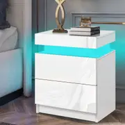 Alfordson Bedside Table LED Nightstand 2 Drawers High Gloss White