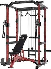 RitKeep Destroyer M10 2x2'' Power Rack 1500lbs Capacity with Crossover Cable Pulley System, LAT Pulldown Bar, Dip Bar, Safety Bar for Home Workout (Red with Red Bench)
