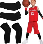 2Pairs Youth Basketball Arm Sleeves and Leg Sleeves 8-12 Years, Kids Compression Leg and Arm Sport Sleeves Non Slip, Boys Breathable Arm Cover Sleeves for Basketball Baseball Running Black