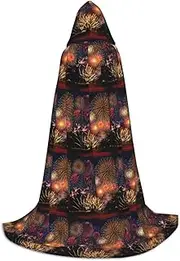 SKKNT Fireworks Print Halloween Hooded Cloak Full Length Cape With Hood For Men And Women For Carnival