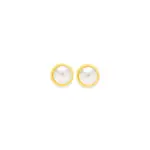 9ct Gold, Cultured Fresh Water Pearl Gold Rim Stud Earrings in White