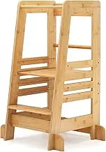 BABY JOY Step Stool for Toddlers, Montessori Toddlers Kitchen Step Stool, Bamboo Kids Standing Tower with Height Adjustable Platform & Safety Rail, Learning Tower Stool for Bathroom Kitchen, Natural