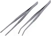 Long Handle Stainless Steel Straight and Curved Tweezers Nippers,Silver,2 Pieces