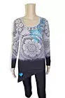 €59 DESIGUAL sz XS WOMENS TUNIC TOP ASYMMETRIC HEM FLORAL BLOUSE SUMMER SHINY
