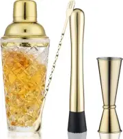 Gold Cocktail Shaker Set - Premium Glass Bartender Kit With Measuring Jigger,