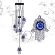 Blue Evil Eye Hand of Fatima Wind Chimes Outdoor Decoration, Hamsa Hand Windc...