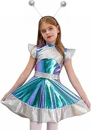 [Yruioon] Kids Girls Alien Robot Astronaut Outerspace Sets Flying Sleeve A Line Dress With Feeler