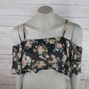 Leith Womens small Black Floral-Print Cold-Shoulder Crop Top