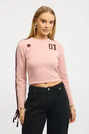 Pink Crop Knit Top Long Sleeve Varsity Contrast Trim - Size 10S, Women's Jumper
