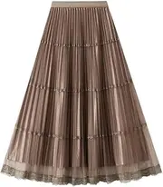 [LYOYE] Women's Midi Skirt Elastic High Waist Lace Tulle Skirt Pleated Skirt Two Layered Reversible Skirt