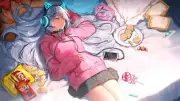 Anime girls in bed lying down headphones chips long hair Playmat Gaming Mat Desk