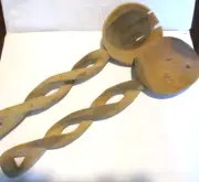 VTG Wood Salad Serving Set Fork & Spoon Carved Spiral Handles