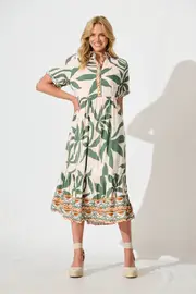 Elestria Midi Smock Dress Short Sleeve in Beige Cream with Green Leaf S
