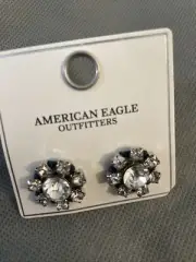 American Eagle Studs Rhinestone Silver Floral Navy Blue Thread Earrings
